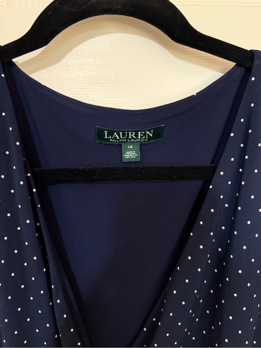Lauren Ralph Lauren Navy and White Polka Dot V-Neck Dress